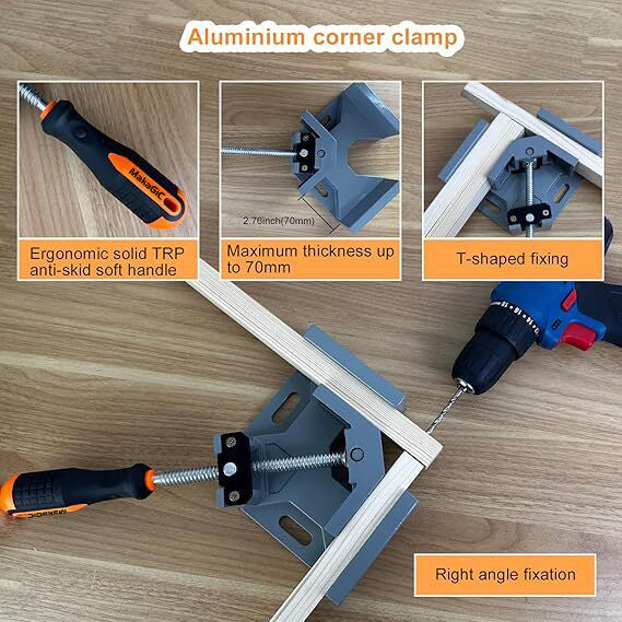 Corner Lock Clamps, 2.75in/70mm Woodworking Angle Clamps, Adjustable Swing Jaw, TPR Non-Slip Handle for Furniture Assembly, DIY Woodworking,